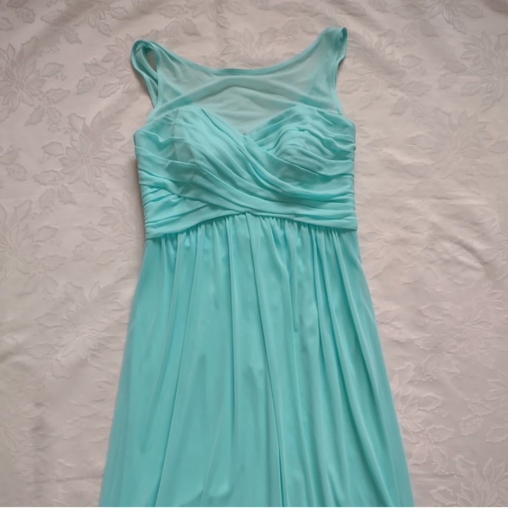David's Bridal illusion mesh maxi dress spa color gown sleeveless